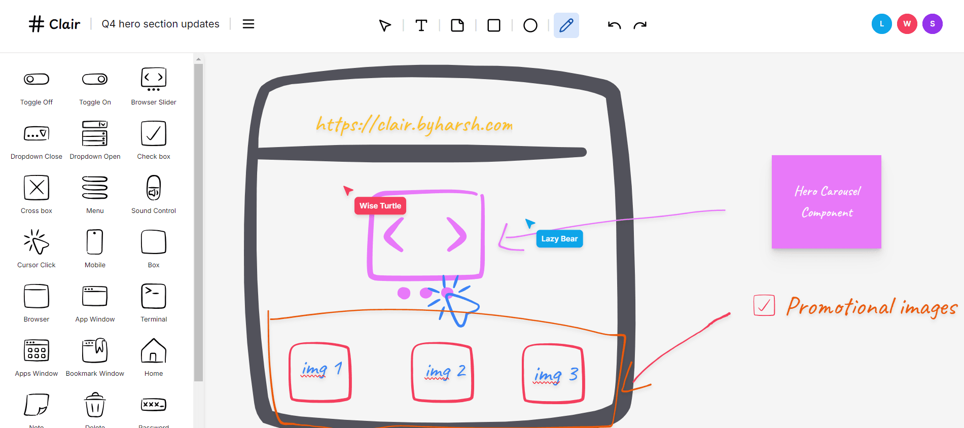 A Clair board with shapes, notes and collaborator cursors